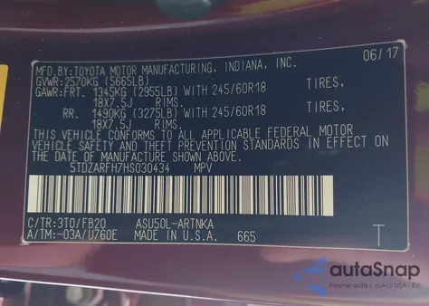 2017 Toyota Highlander Le из США, поврежденный, VIN 5TDZARFH7HS030434